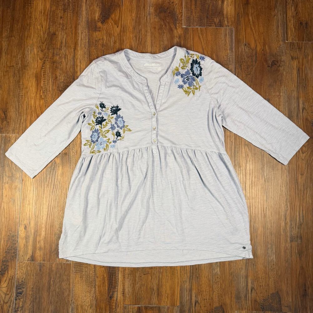 Eddie Bauer XL blue floral embroidered peasant top 3/4 sleeves pull over blouse
